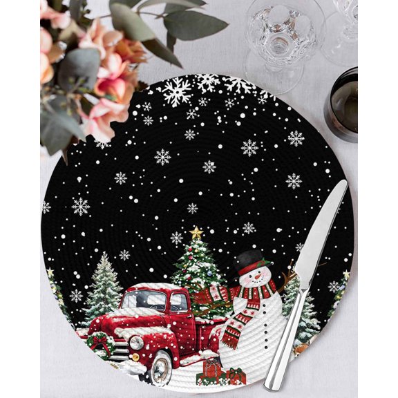 15 Inch Round Placemats Set of 4, Black Christmas Snowman Non Slip Heat Insulation PP Table Mats, Xmas Truck Tree Snowflake Washable Place Mats for Kitchen Dining Party Table Decor