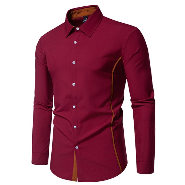 pstuiky camisa de manga larga para hombre, Camisa blusa informal de manga larga con cuello vuelto y botones de patchwork para hombre camisetas de hombre m