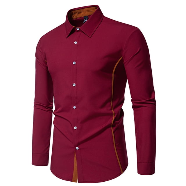 pstuiky camisa de manga larga para hombre, Camisa blusa informal de manga larga con cuello vuelto y botones de patchwork para hombre camisetas de hombre m