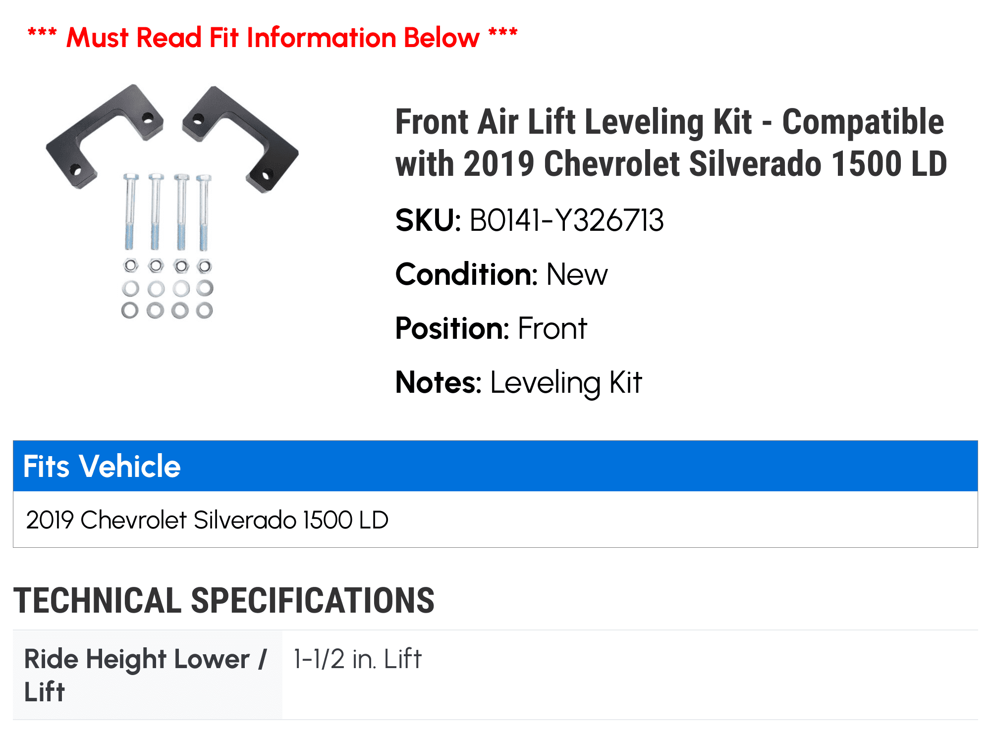 Front Air Lift Leveling Kit - Compatible with 2019 Chevy Silverado 1500 LD