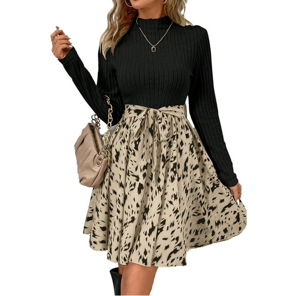 Women's Black Patchwork Printed Belted A-line Mini Dress - [ZhiHiMeRi] | (US 12-14)L