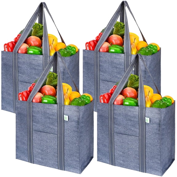 VENO 4 Pack Reusable Grocery Shopping Bag, Bags for Shopping Cart with Hard Bottom to Stand, Foldable, Multi-Purpose Heavy-Duty Tote, Daily Utility Bag, Sustainable (Gray)