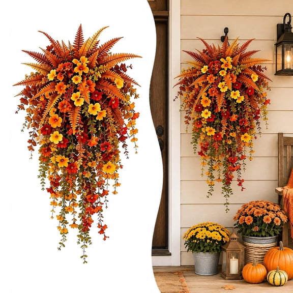 Artificial Fall Harvest Hanging Baskets, UV-Resistant Faux Flowers for Autumn Porch Door Decor