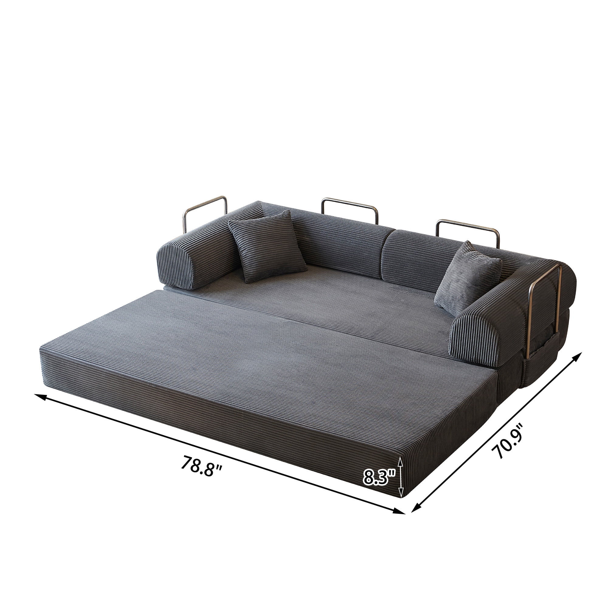 Howcool 79" Boneless Sleeper Sofa Bed, 2-in-1 Pull Out Convertible Loveseat Couch with 2 Throw Pillows, Corduroy Futon Floor Sofa for Living Room, No Assembly Required, Grey
