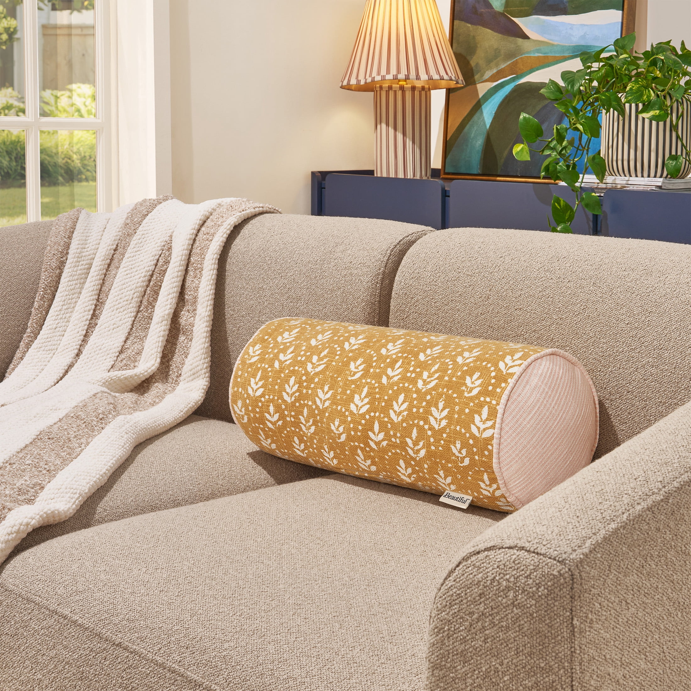 Beautiful 8" x 20" Amber Yellow Block Print Bolster Decoration Pillow by Drew Barrymore