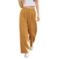 thumbnail image 3 of Women's Plus Size Linen Cotton Wide Leg Pants, High Waisted Pleated Draped Trousers, Breathable Loose Fit Casual Palazzo Pants for Resort and Vacation Yellow L, 3 of 6