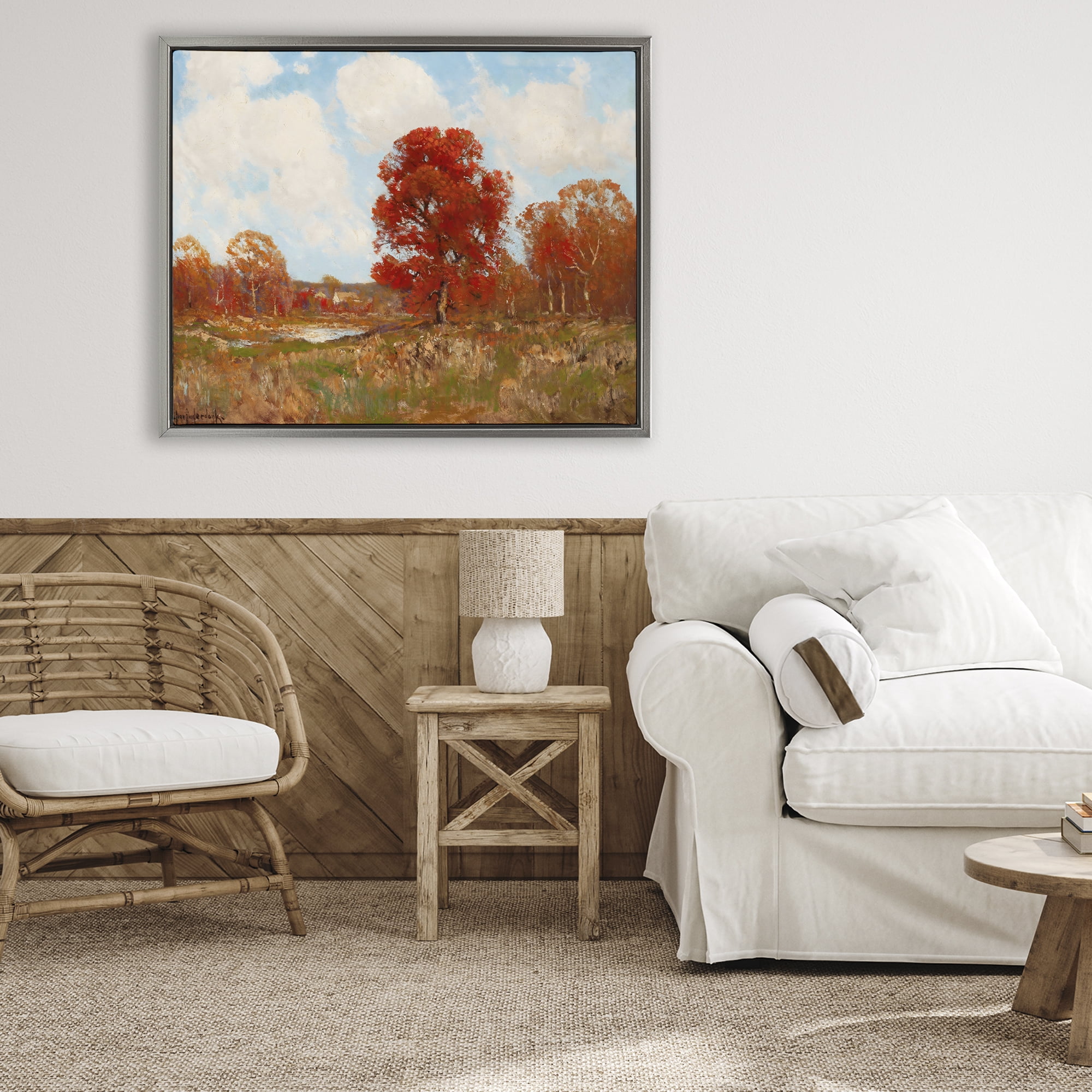 Fall Landscape with Red Foliage Gray Framed Floater Canvas Wall Art, design by Arlington Prints