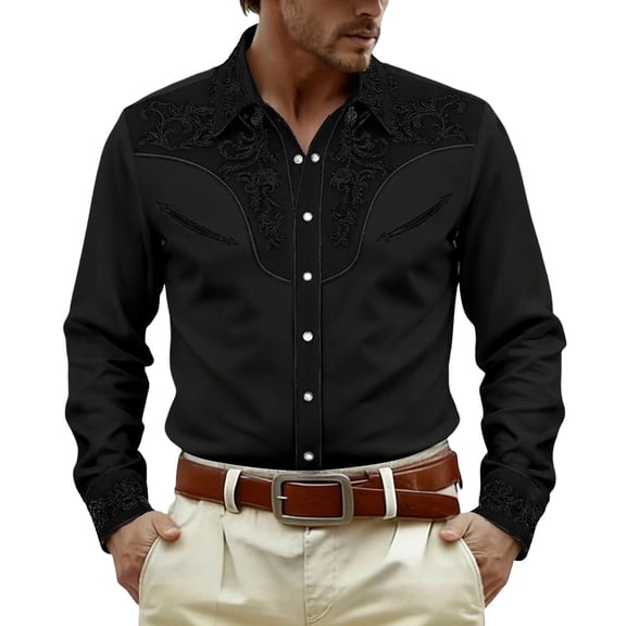 xfsWaSs Western Cowboy Shirts For Men Casual Button Down Long Sleeve Shirt Floral Embroidered Festival Shirts Holiday Celebration Retro Party Tops