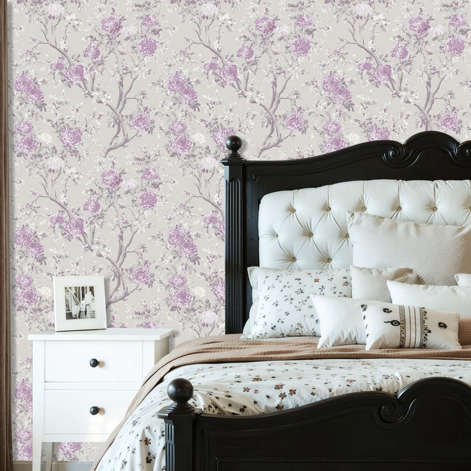 Peel and Stick Wallpaper Vintage Floral Lavender White Peonies Light Gray Wall Mural 23.6in x 9.8ft Self Adhesive Removable Wall Paper Renter Friendly Wallpaper for Girls Women Bedroom Livingroom