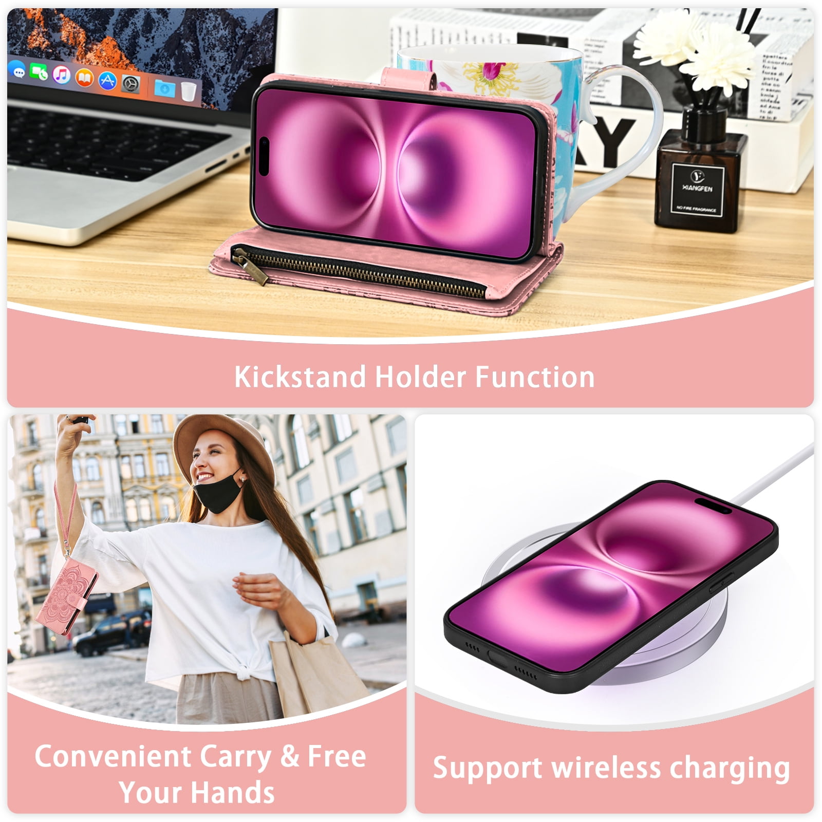 Phone Case for iPhone 16 Plus 6.7 inch Zipper Wallet Magnetic Detachable Cell Cover with Tempered Glass Screen Protector Crossbody Strap Flower Card Holder Slot i Phone16 16+ i16 16Plus Women Pink