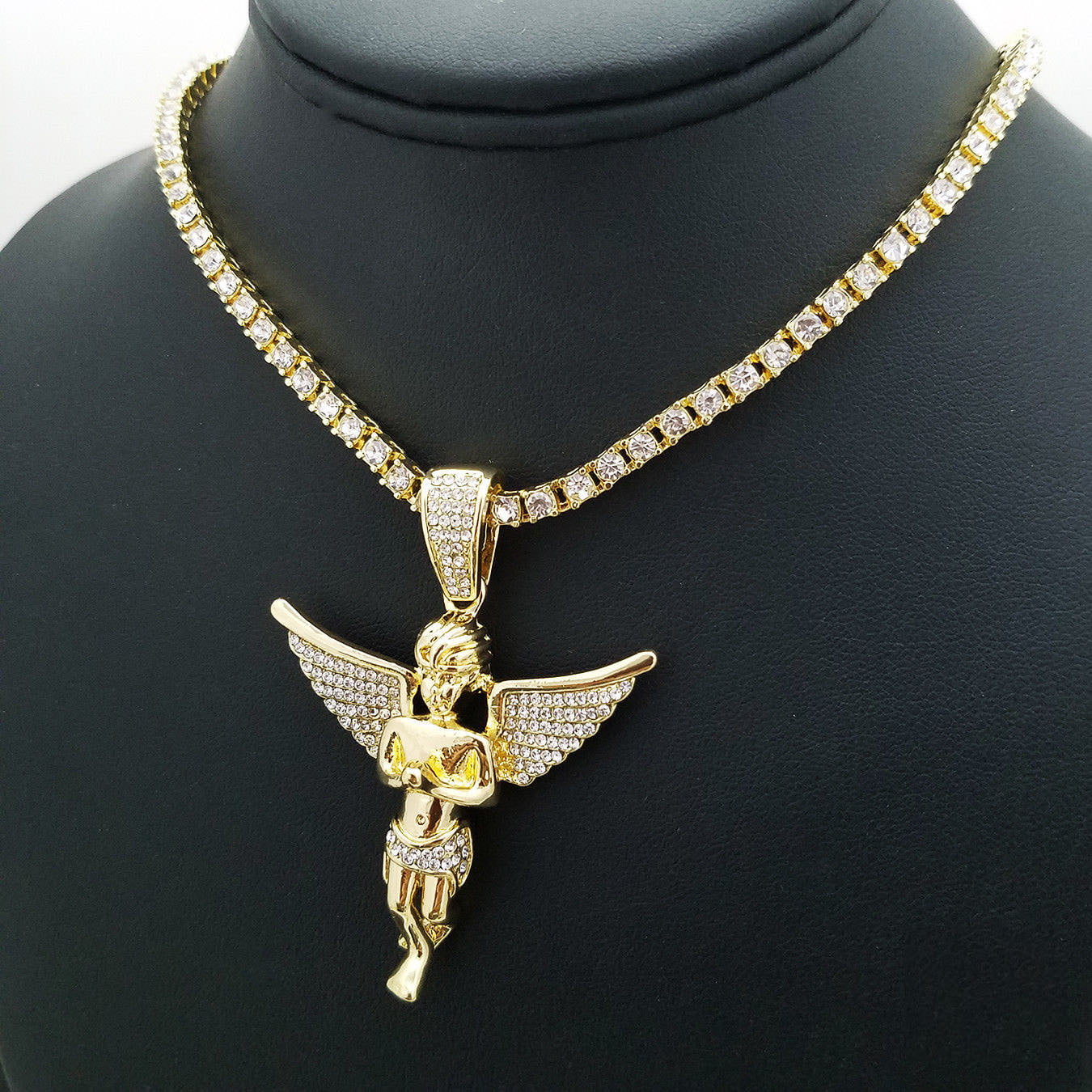 Yellow Gold-Tone Iced Out Hip Hop Bling Symbol Of Life Ankh Cross Pendant 1 Row Square Cubic Zirconia Princess Cut Stones Tennis Chain 18 Necklace Choker Chain