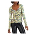 thumbnail image 1 of INC Womens Green Stretch Ruched Floral Long Sleeve V Neck Top L, 1 of 1