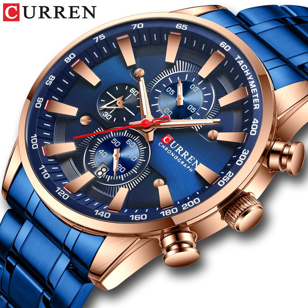 CURREN Men Watch Quartz Movement Stainless Steel Strap Time Calendar Display Stopwatch Function 3ATM Waterproof Male Fashion Wristband for Business