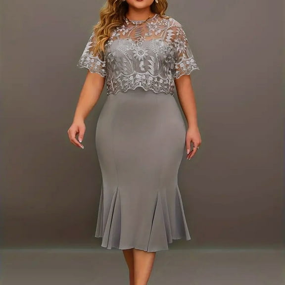 Women's Plus Size Elegant Dress Solid Color Contrast Lace Short Sleeve Round Neck Dress Dress Solid Color Long Sleeve Body Dress Trend Dresses for Women Swing Dress with Pockets Tie Waist Dress Woman