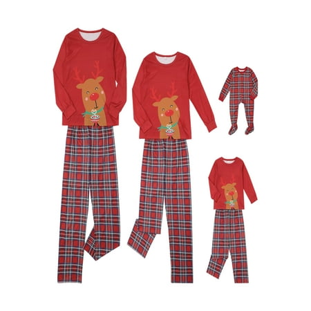 

Spring hue Christmas Family Pajamas Matching Reindeer Print Tops + Plaid Pants Sleepwear
