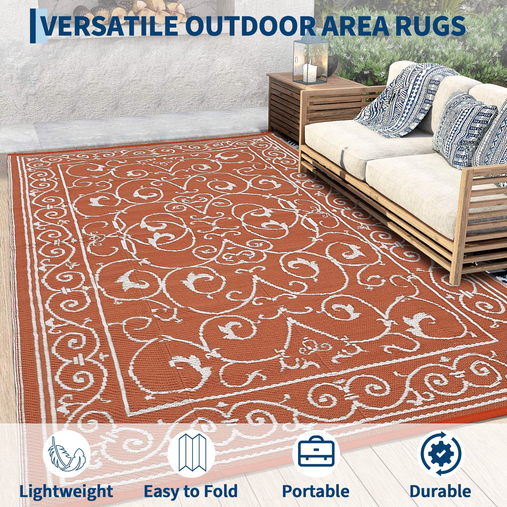 HIWEAVER 9' x 12' Orange Outdoor Rug PP Plastic Straw Woven Waterproof Patio Rug with Border Portable Outside Carpet for Balcony Deck Picnic Garden Decor