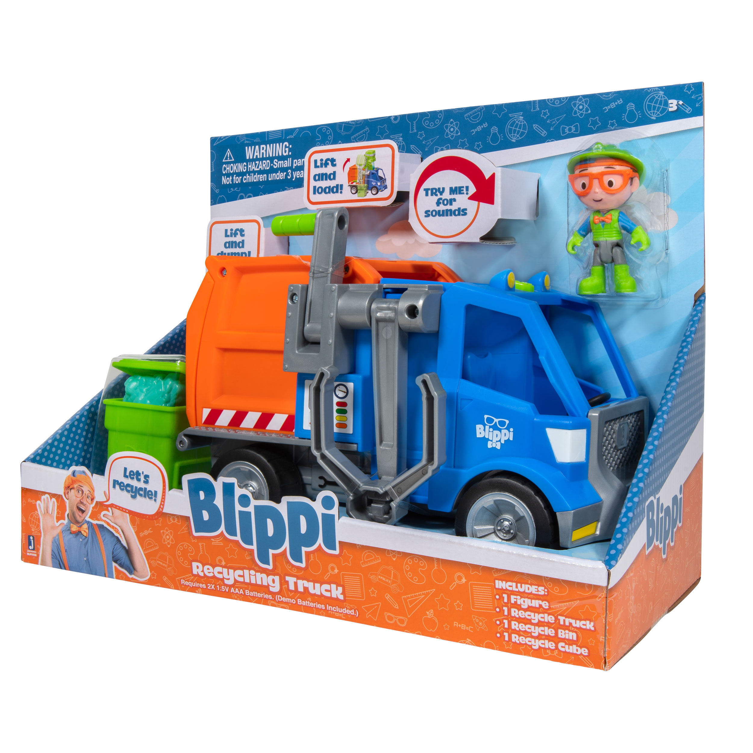 Sing Along with Popular Catchphrases Blippi Recycling Truck 2 Recycling Bins Exclusive 2 Trash Cubes Working Lever Educational Toys for Kids Includes Character Toy Figure 
