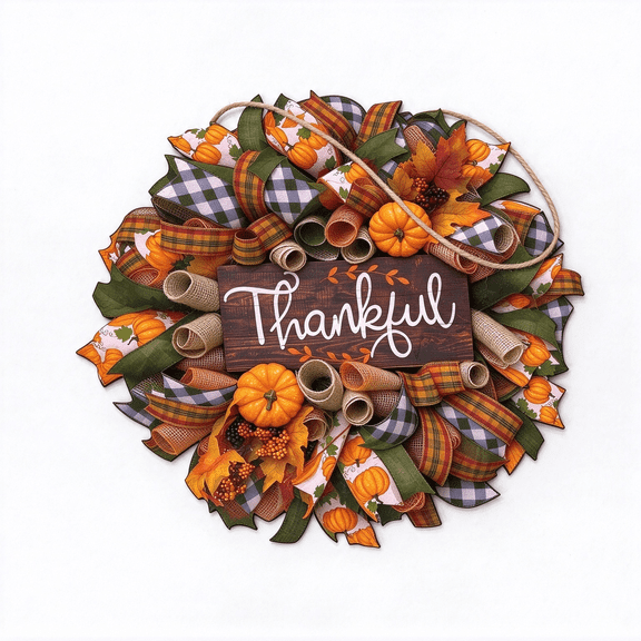 Fall Thanksgiving Wreath with Wooden Sign, Artificial Pumpkin Maple Leaf Front Door Hanging, Autumn Harvest Door Wreath for Seasonal Home Decor