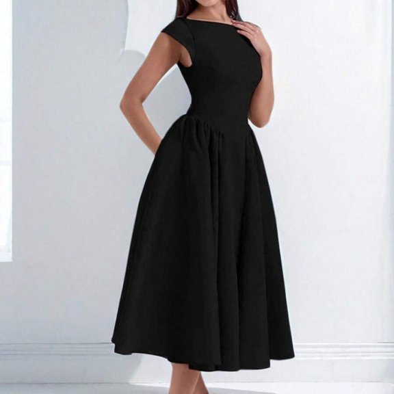 Pure Black Sleeveless Square Neck Fit & Flare Midi Dress With Pleated Skirt Evening Gown