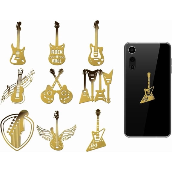 9pcs 1.6x1.6 Inch Guitar Pattern Metal Stickers Rock and Roll Self Adhesive Gold Stickers Music Theme Metal Gold Stickers for DIY Scrapbooks DIY Resin Crafts Phone Decor
