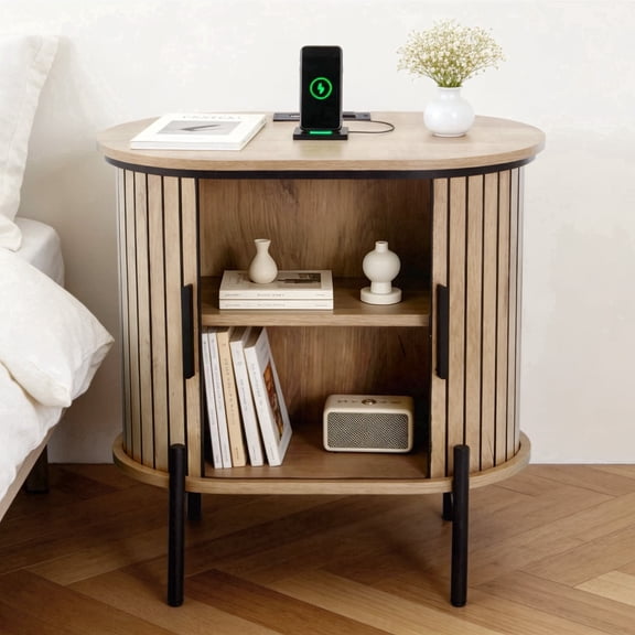 Ebello Nightstand with Built-in Charging Station, Modern Oval End Table with Storage, Sliding Door & Raised Base for Bedroom and Entryway, Camel