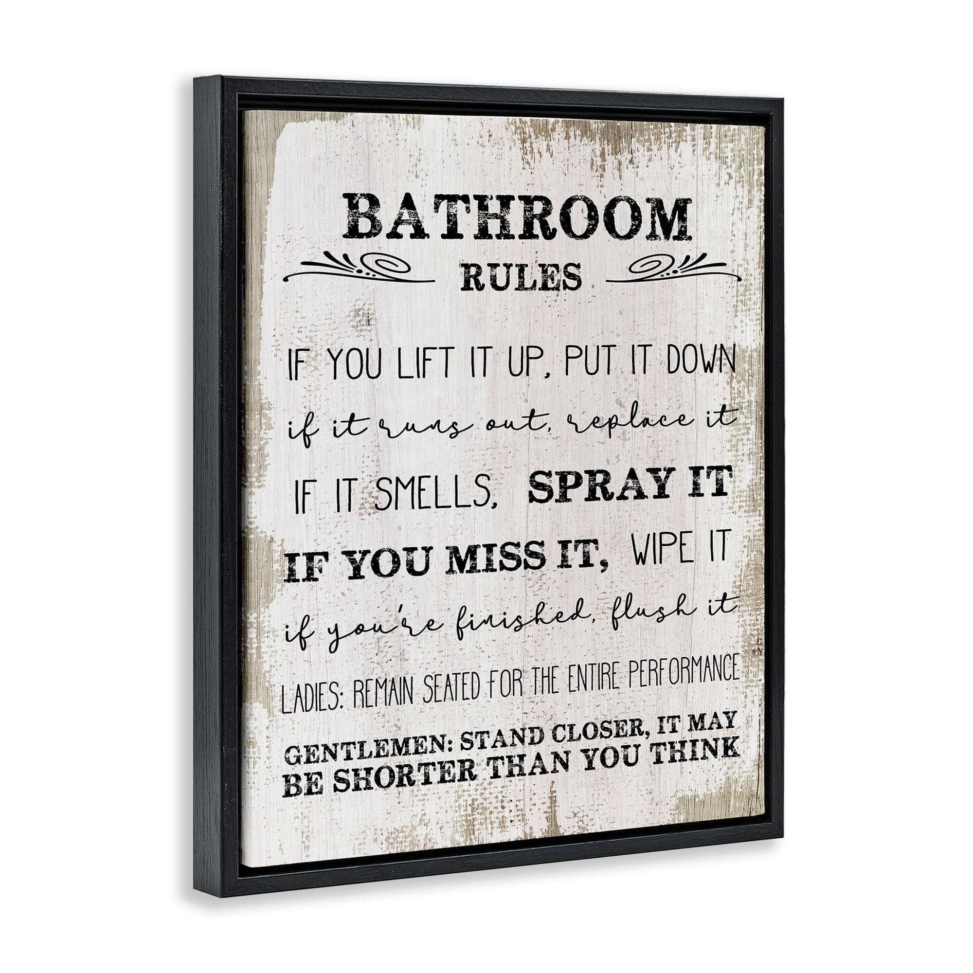 Stupell Industries Bathroom Rules Funny Word Wood Textured Design Jet Black Framed Floating Canvas Wall Art, 24x30, by Daphne Polselli