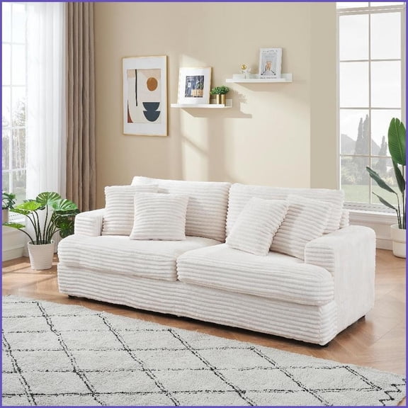 88.58" Modern 3-Seater Corduroy Sofa with 4 Throw Pillows | White | Cushion Back | Spacious Comfort for Living Room
