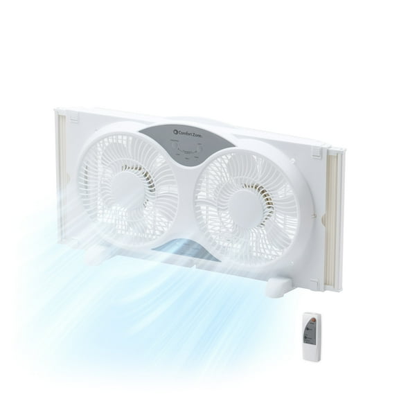 Comfort Zone 9" 3-Speed Reversible Twin Window Fan with Remote Control, White