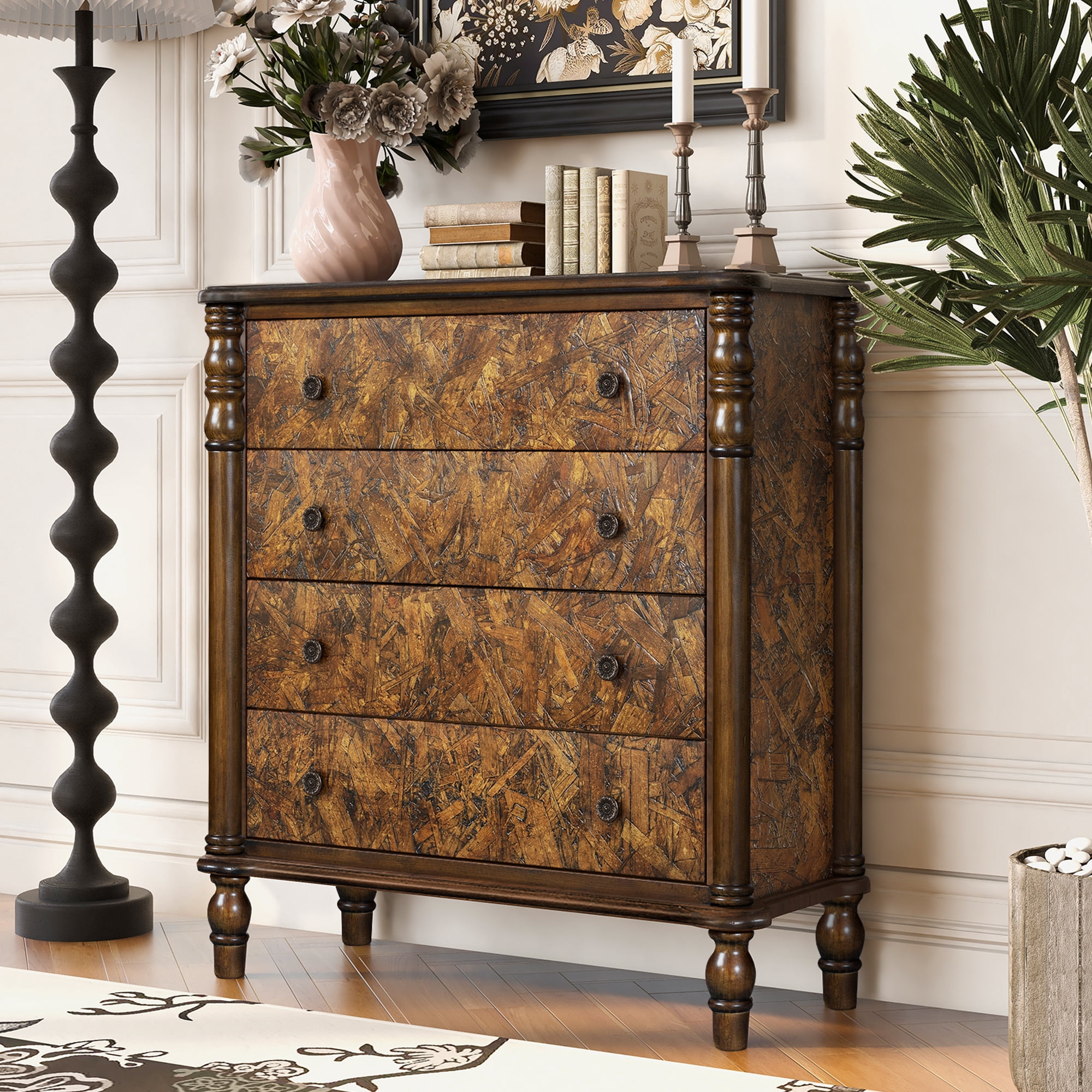 Aukfa 4 Drawer Dresser, 32" Chest of Drawers Bedroom Storage Cabinet for Small Spaces,Walnut