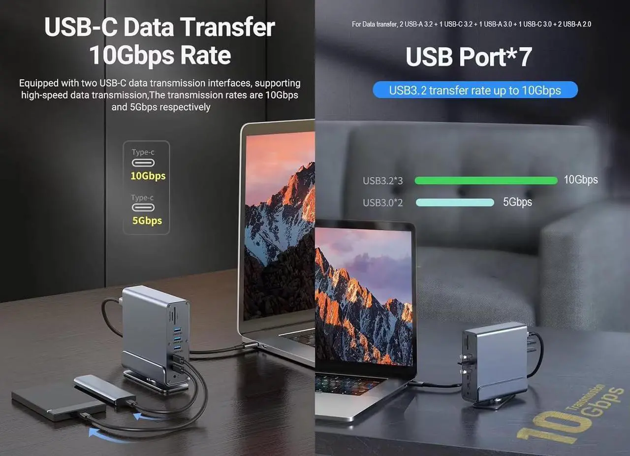 Vertical Laptop Docking Station 3 Monitors, 15-in-1 USB C Dock Station Hub Triple Display with 2X 4K HDMI & 1x DP, 10Gbps USB-C and USB-A 3.2 Data, 100W PD Charging+Ethernet+SD/TF+Audio