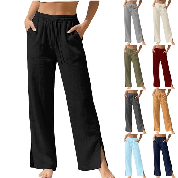 Women's Cotton Blend High Waist Wide Leg Pants, Loose Straight Leg Casual Pants, Soft Stretchy Fabric with Tummy Control, Casual, Office, Lounge Everyday Wear, Relaxed | TruBelle,Beige L
