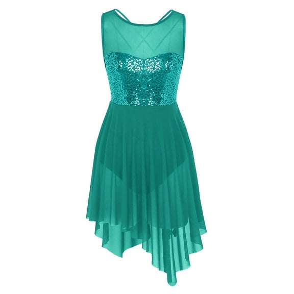 iiniim Women Lyrical Dance Costume Dress Illusion Sweetheart Sequins Leotard Asymmetric Dress