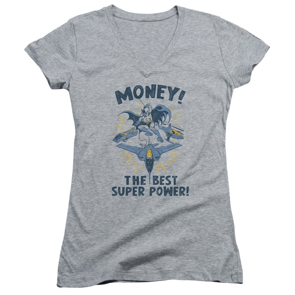 DC Comics Money Junior Women's V-Neck T-Shirt Athletic Heather