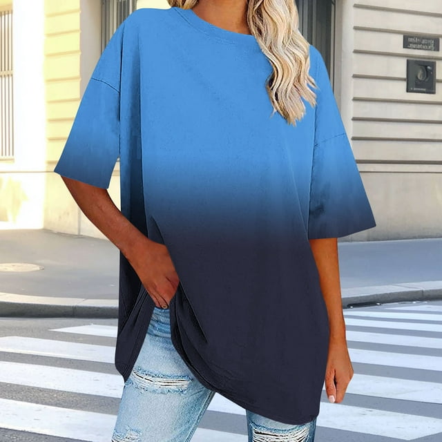 Yourumao Plus Size Tops for Women Gradient Short Sleeve Shirts Loose Casual Crewneck Blouses Oversized Soft Tees Spring Trendy Plus Tops