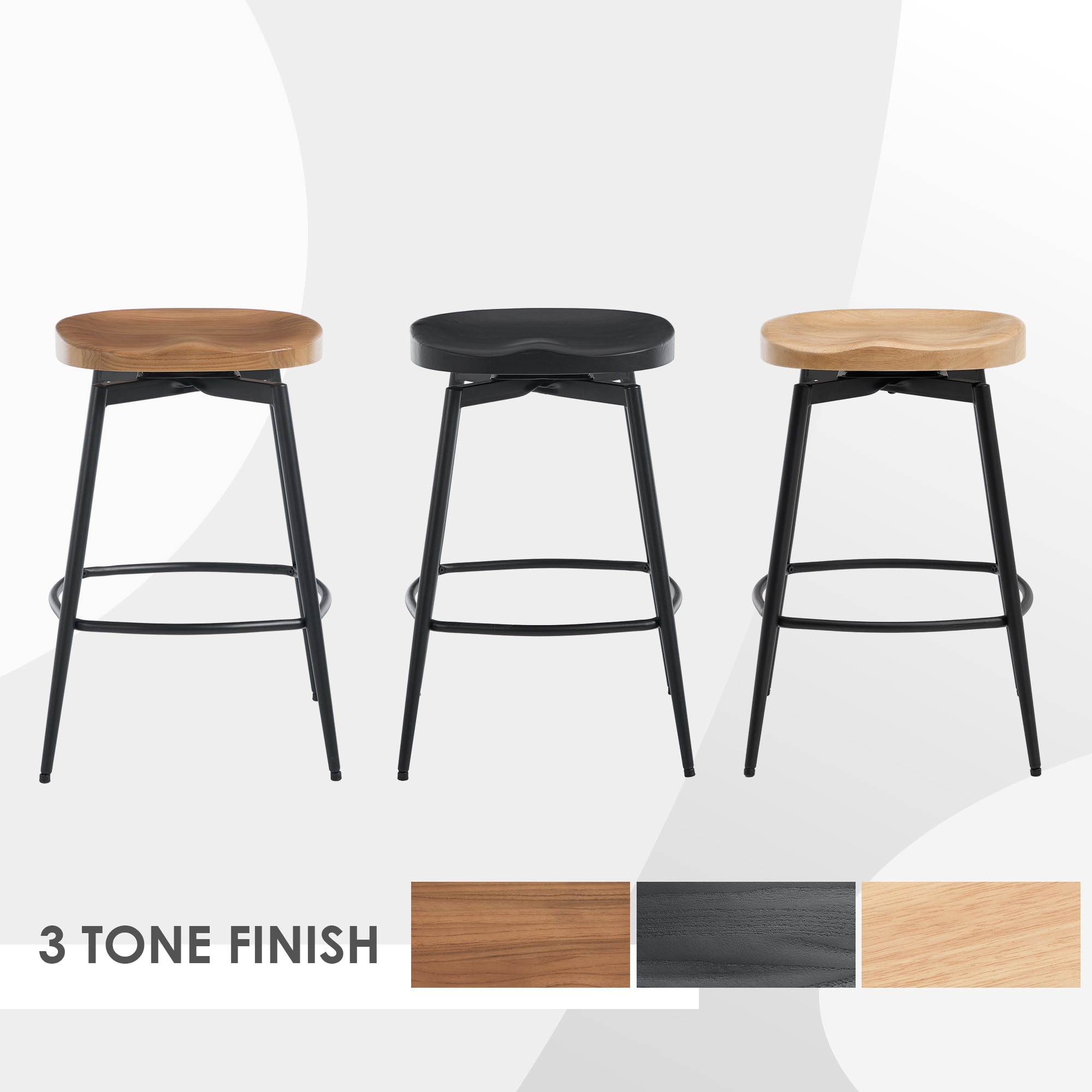 Zesthouse 25″ Swivel Counter Stools Set of 2, Mid-Century Backless Counter Height Barstools with Metal Legs, Solid Rubber Wood Bar Chairs for Kitchen Island, Natural