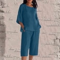 thumbnail image 2 of UAMVSH Womens Plus Size Capri Sets Cotton Linen 2 Piece Outfits Soft 3/4 Sleeve Side Slit Pullover Tops Cropped Shorts with Pockets(XX-Large,Dark Blue 2), 2 of 5