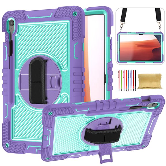 Case for Samsung Galaxy Tab S10 FE Plus 13.1" 2025, 360° Rotating Kickstand with Pencil Holder/Hand Strap/Shoulder Strap Hard PC Rugged Silicone Shockproof Bumper Stand Cover, Purple   Mint Green