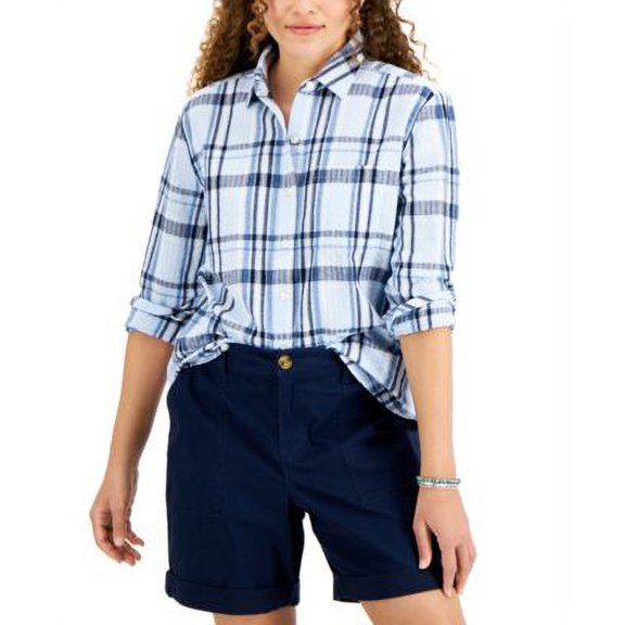 MSRP $50 Style & Co Women Cotton Plaid Boyfriend Button-Up Shirt Size XS