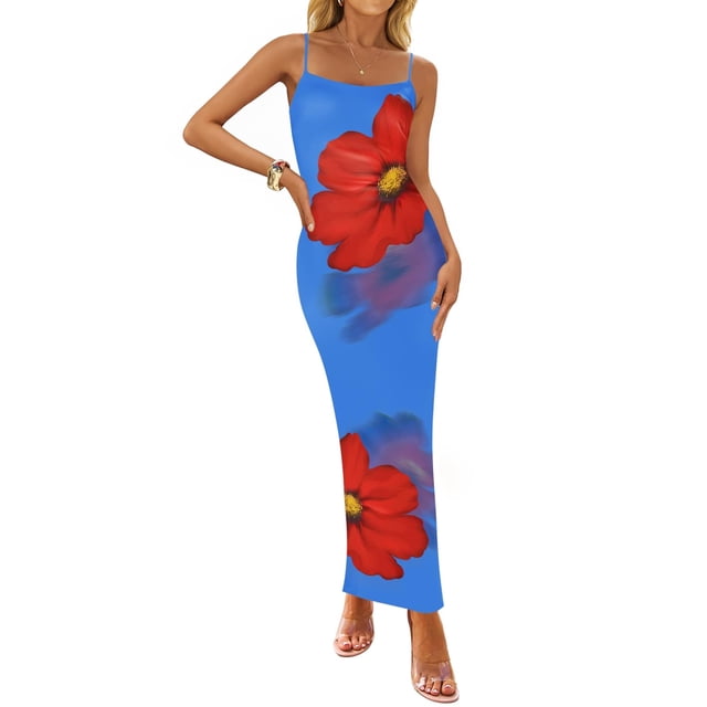 Vestido largo ZESICA para mujer, estampado floral, tirantes finos, color azul