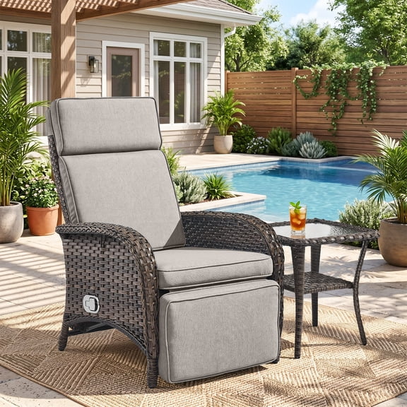 PARKWELL Outdoor Recliner Chair Set,Patio Reclining Lounge Chair with Side Table,All-Weather Wicker Adjustable Cushioned Recliner with Footrest for Garden Balcony Yard, Beige