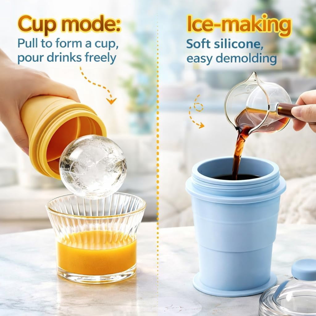 2-in-1 Collapsible Silicone Ice Ball Maker Cup 325 ml Silicone Ice Sphere Mold with Lid and Straw for Travel Drinks
