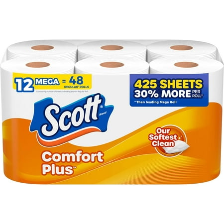 Scott Comfortplus Toilet Paper, 12 Mega Rolls, 425 Sheets Per Roll, Septic-Safe, 1-Ply Toilet Tissue
