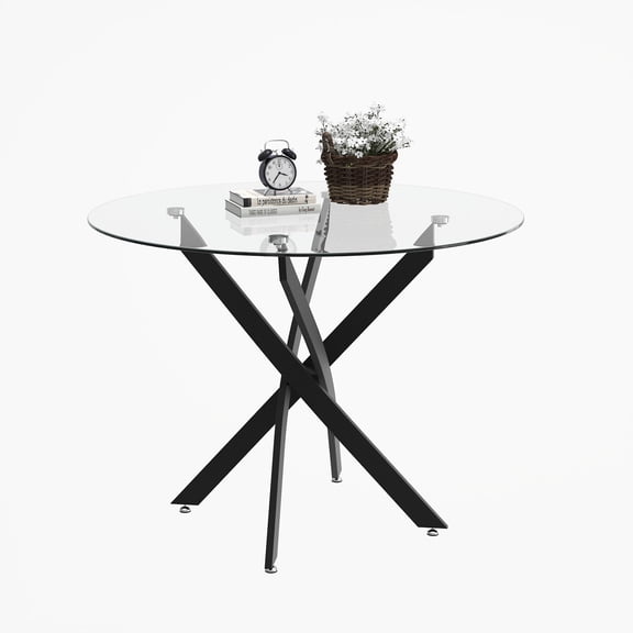 35.5" Round Glass Dining Table with Black Metal Legs, Modern Minimalist Kitchen Table for Dining Room, Kitchen & Home