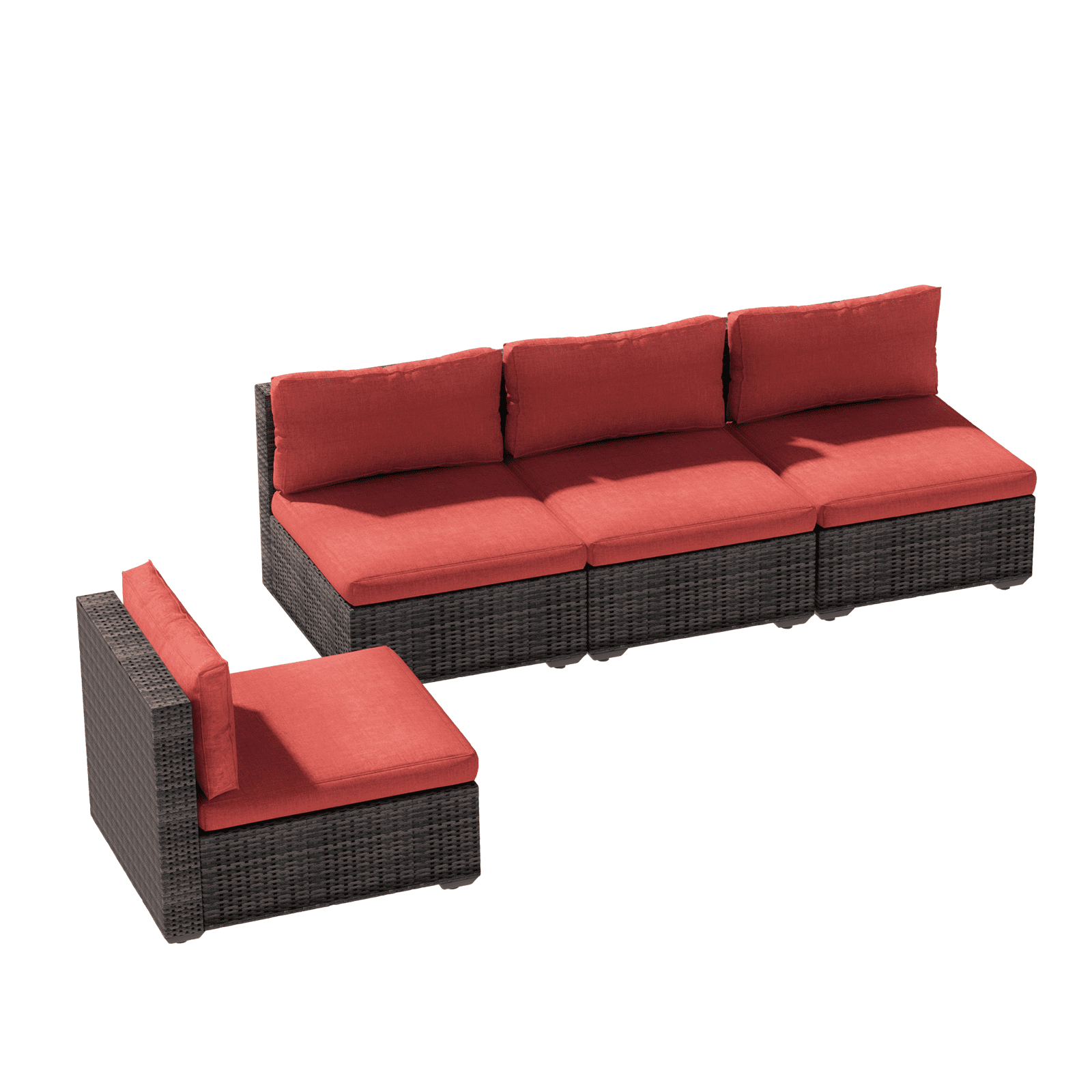 Grezone 4 Pieces Patio Furniture Set, All Weather Outdoor Sectional PE Rattan, Patio Conversation Sets with Cushions and Glass Coffee Table for Garden Lawn Balcony Porch Deck, Red