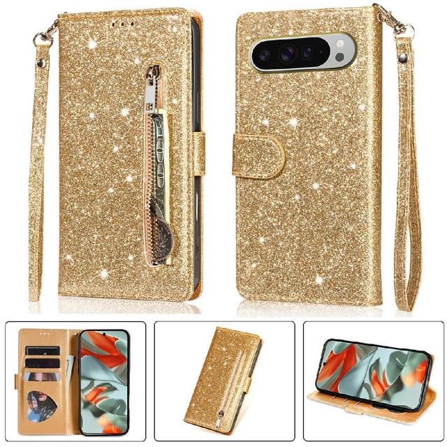 Case for FOXDOCK Google Pixel 9 Pro XL Glitter Zipper Wallet Case with Short Hand Strap