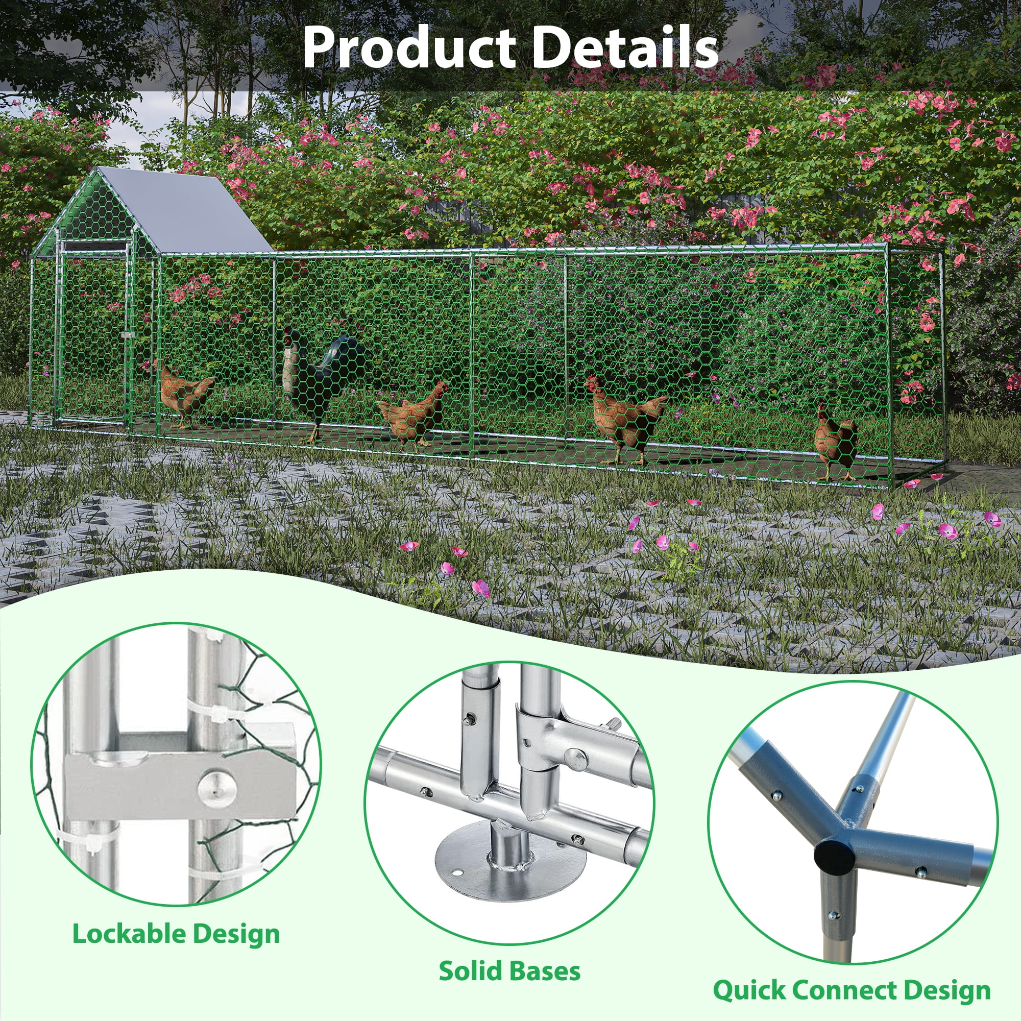 Pefilos 196" Large Metal Outdoor Rabbit Hutch Run, Weatherproof Roof Chicken Coop, UV Resistant, Backyard Hen House Poultry Habitat Cage, Silver