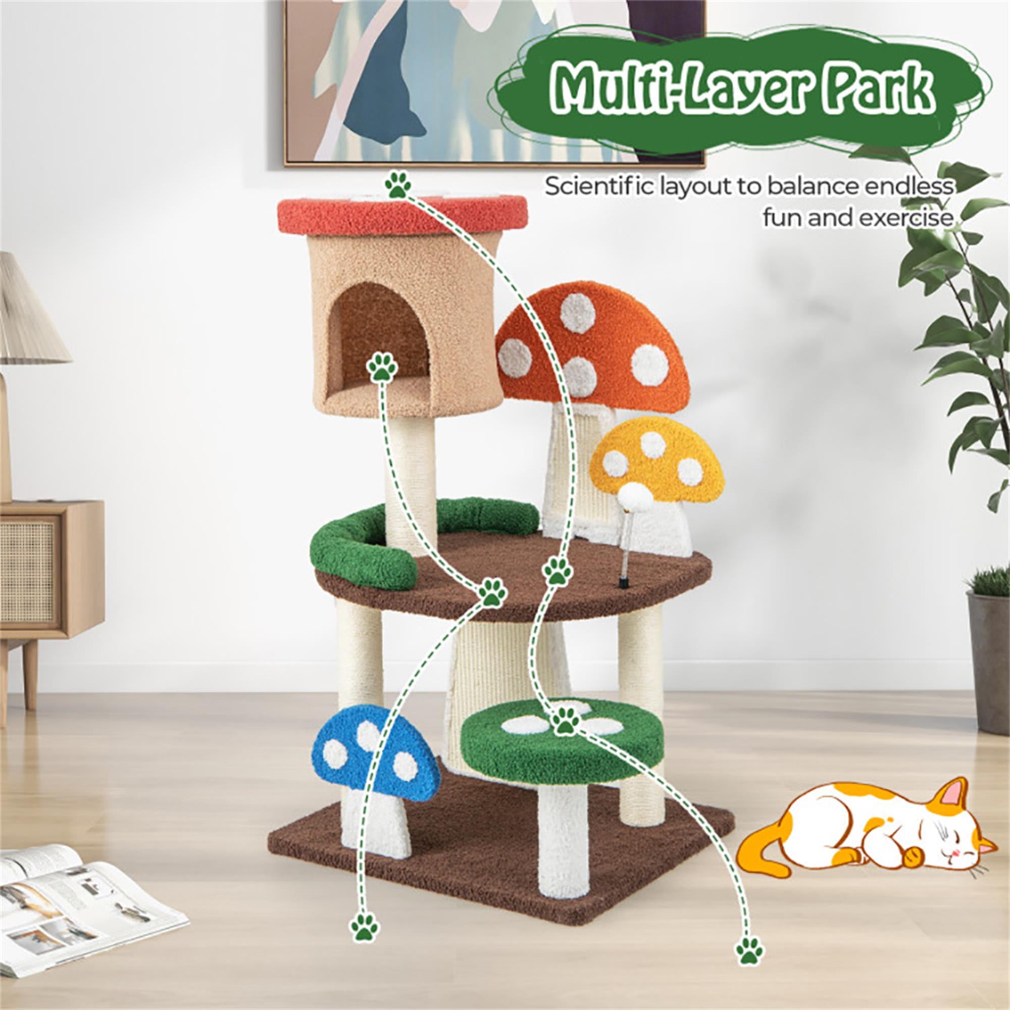 Kadyn 40" Cat Tree Tower with Sisal-Covered Scratching Post, 4-In-1 Mushroom Cat Condo with Padded Perch, for Small Spaces, Kittens, Multicolor