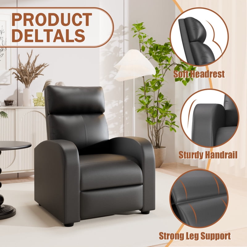 Furmax Recliner Chair Pu Leather Single Sofa Home Theater Recliners with 2 Point Massage Function for Living Room,PU Black