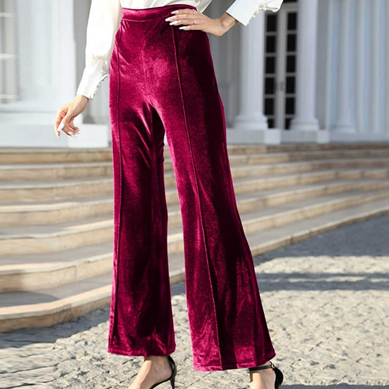 Women's Fashion Velvet Bell Bottom Pants Soft Comfy High Waisted Solid  Flare Leggings Trouser Pants Fall Casual (Small, Wine)