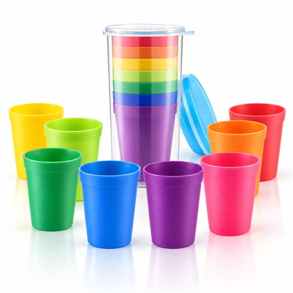 8 Pack 7oz Plastic Kids Cups,Unbreakable Juice Tumblers,Toddler Drinking Cup in 6 Assorted Colors for Parties,School,BBQ,Cafe,Restaurant,Children,Adults
